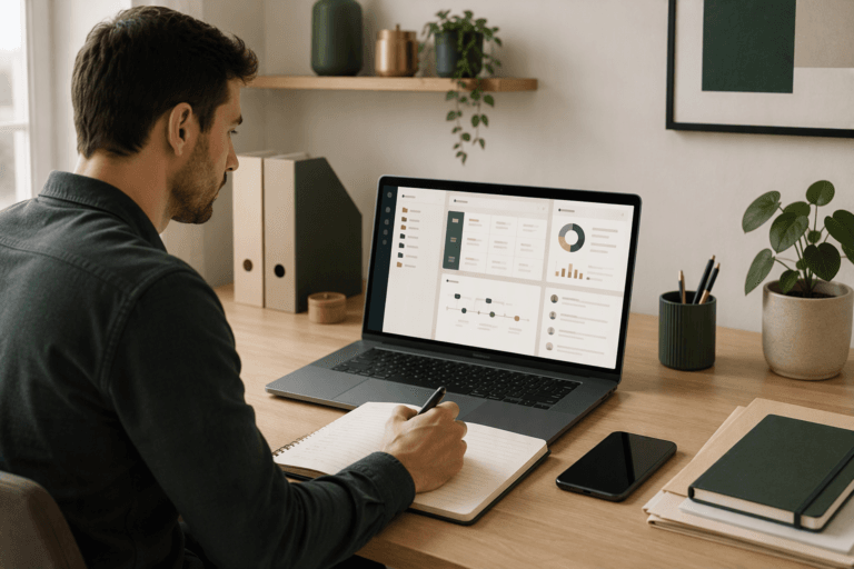 Poste de travail professionnel avec ordinateur portable affichant des outils de gestion et d'organisation pour une entreprise.