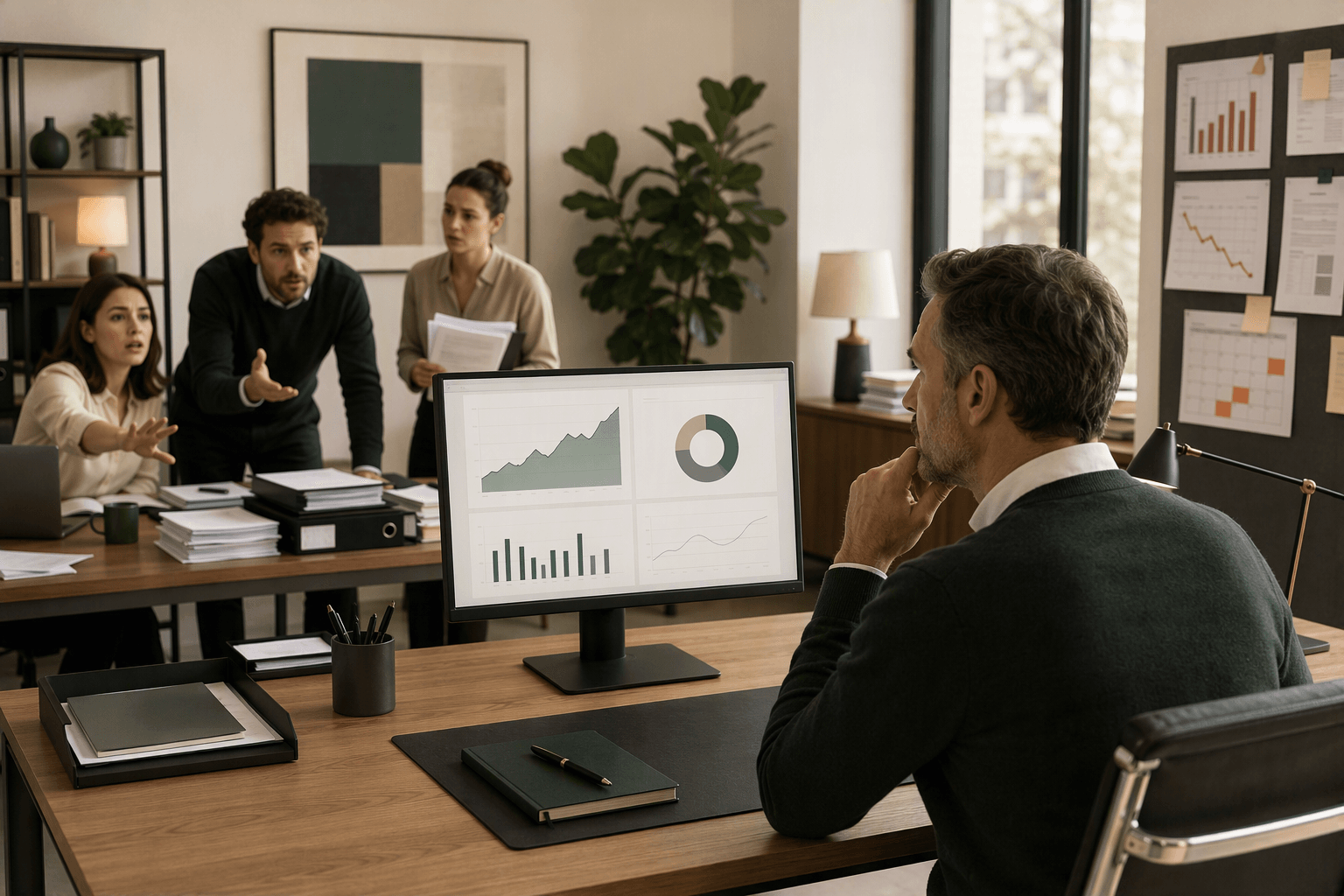 Dirigeant consultant des indicateurs positifs tandis que des collaborateurs signalent des difficultés dans l’entreprise.