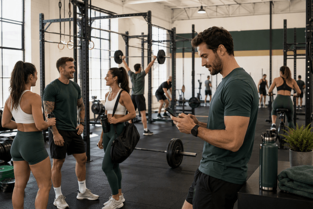 Coachs et adhérents dans une salle de CrossFit moderne utilisant un système de réservation simple et fluide.
