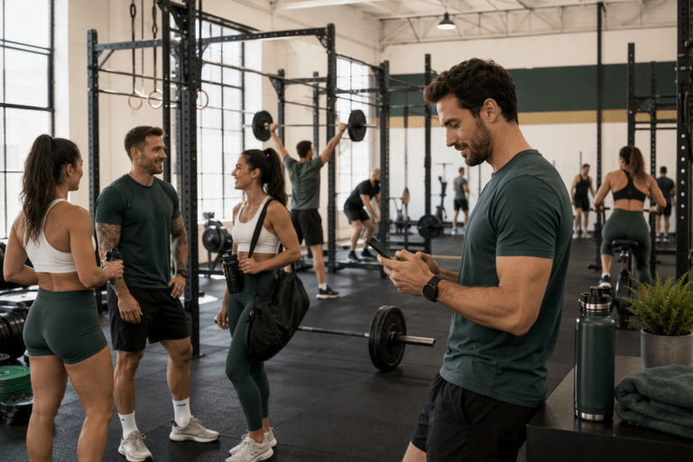 Coachs et adhérents dans une salle de CrossFit moderne utilisant un système de réservation simple et fluide.