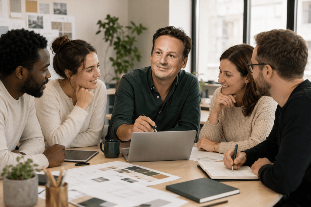 Équipe de formation collaborant autour d'un nouveau site web qu'elle gère en toute autonomie.