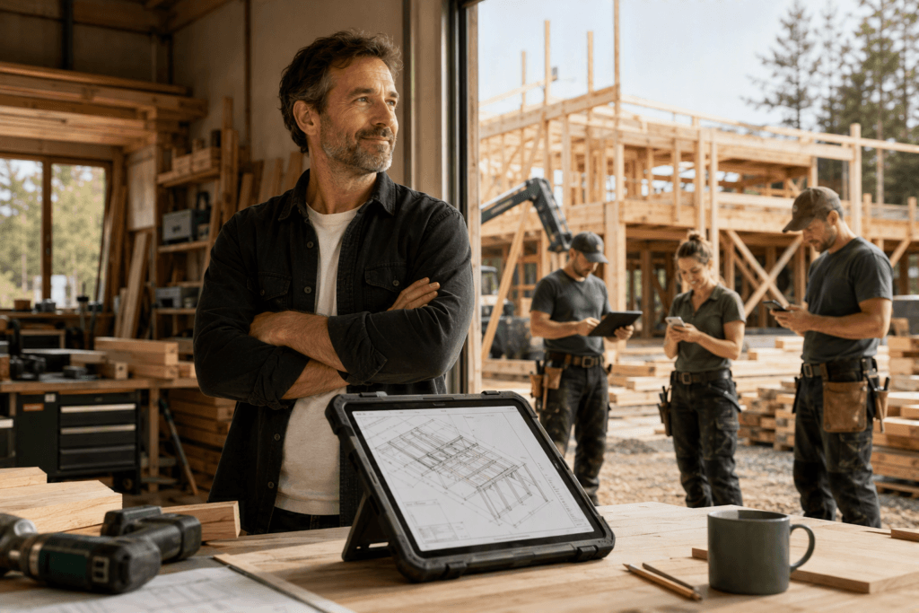 Dirigeant d'une entreprise de construction bois collaborant avec ses équipes chantier grâce à des documents accessibles partout.