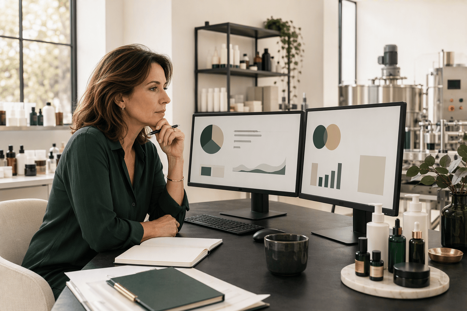 Professionnelle analysant plusieurs sources d'information Microsoft 365 avant une décision technologique