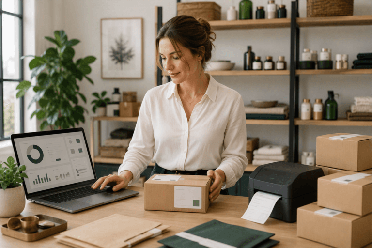 Gestionnaire de boutique en ligne préparant une commande e-commerce avec suivi des ventes, expédition et synchronisation entre WooCommerce et Dolibarr.