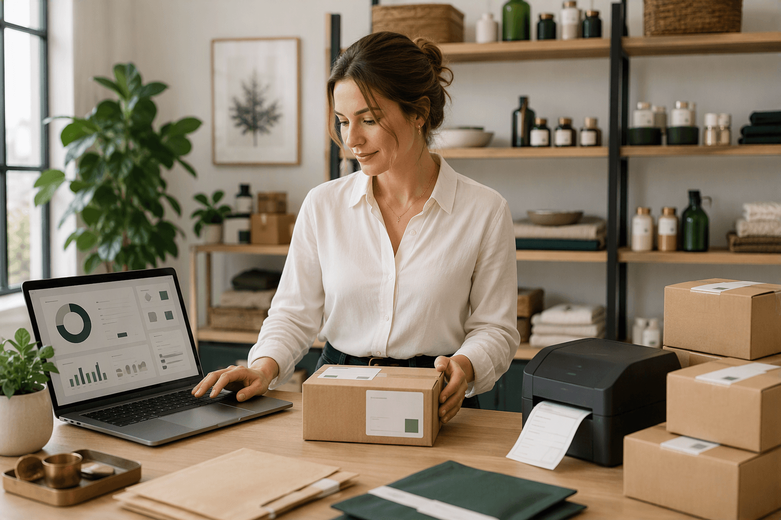 Gestionnaire de boutique en ligne préparant une commande e-commerce avec suivi des ventes, expédition et synchronisation entre WooCommerce et Dolibarr.