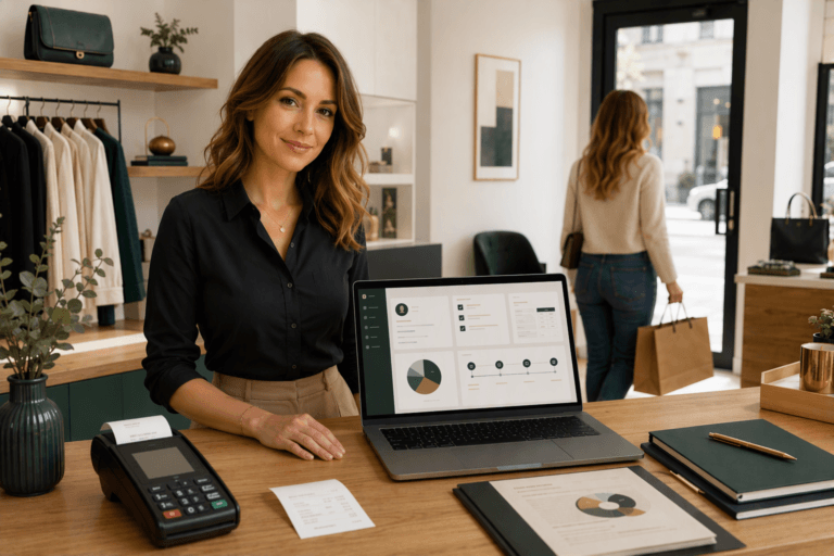 Commerçante utilisant Dolibarr pour gérer ses clients, ses ventes et sa facturation