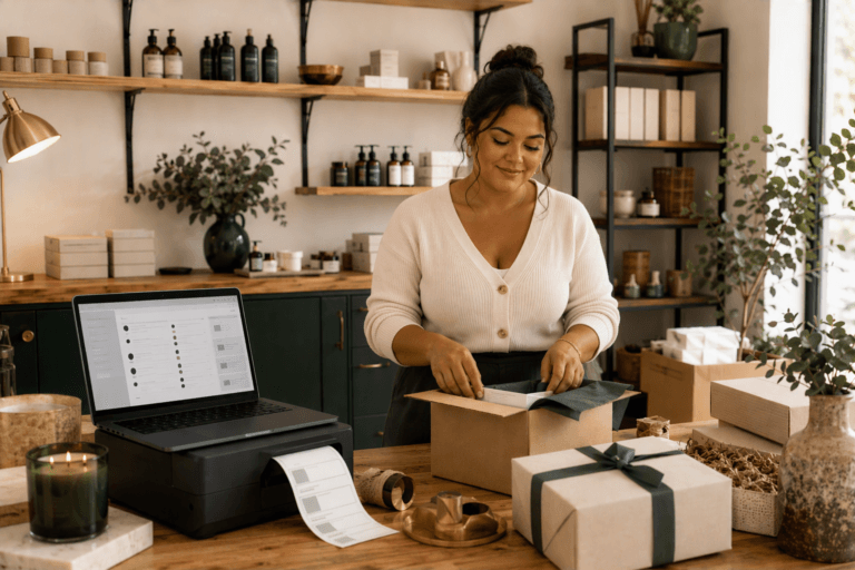 Entrepreneuse préparant des commandes WooCommerce synchronisées avec Dolibarr