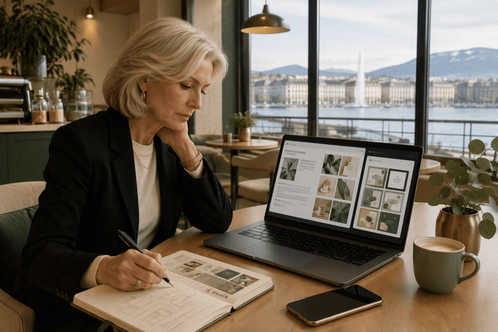 Professionnelle créant des contenus et visuels avec des outils d'intelligence artificielle dans un environnement de travail moderne.