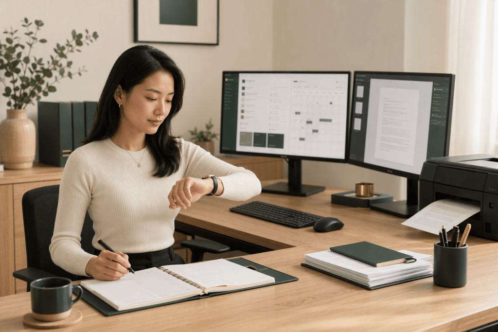 Professionnelle utilisant Microsoft 365 pour gérer ses emails, son agenda et ses documents de travail