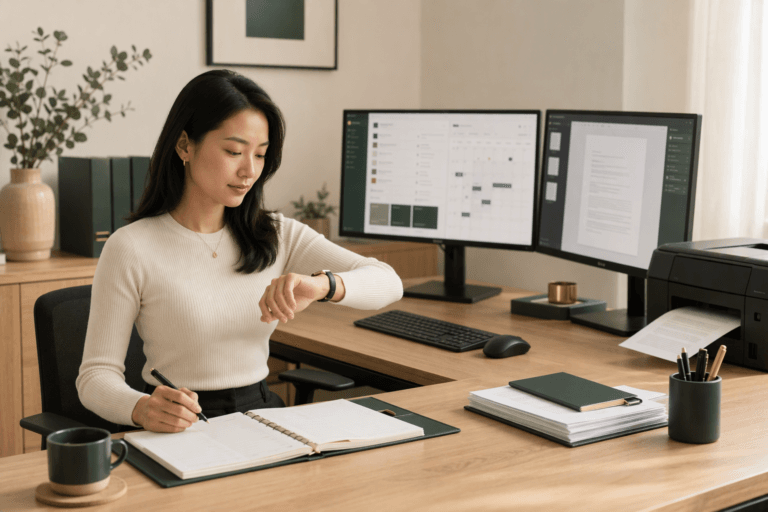 Professionnelle utilisant Microsoft 365 pour gérer ses emails, son agenda et ses documents de travail