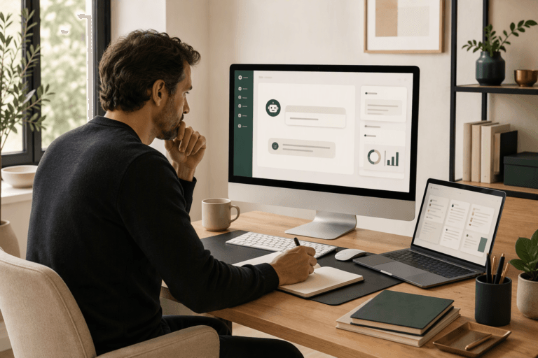 Professionnel utilisant un assistant d’intelligence artificielle pour rédiger, analyser des informations et améliorer sa productivité.
