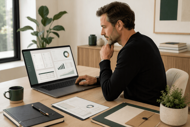 Entrepreneur consultant un logiciel de gestion pour suivre devis, factures et activité commerciale.
