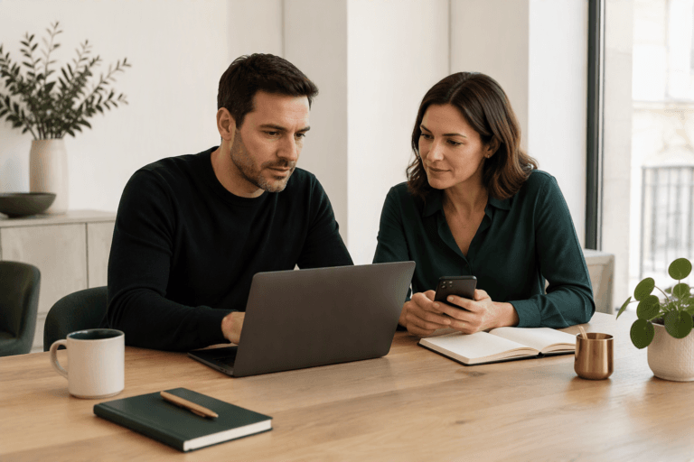 Deux collaborateurs utilisant Outlook et Microsoft 365 pour gérer une boîte aux lettres partagée