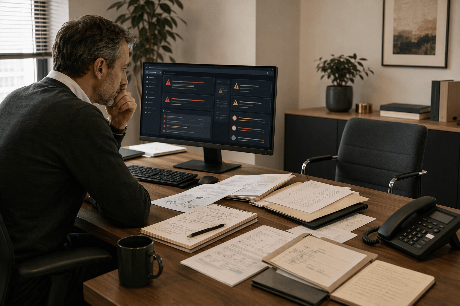 Dirigeant analysant des documents techniques face à des alertes informatiques après l’absence d’un prestataire informatique.