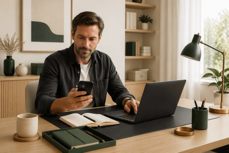 Entrepreneur utilisant un smartphone professionnel et un ordinateur portable pour gérer son activité.