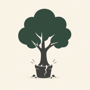Arbre devenu trop grand pour son pot symbolisant une entreprise dont l'organisation n'est plus adaptée à sa croissance.