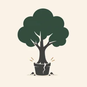 Arbre devenu trop grand pour son pot symbolisant une entreprise dont l'organisation n'est plus adaptée à sa croissance.